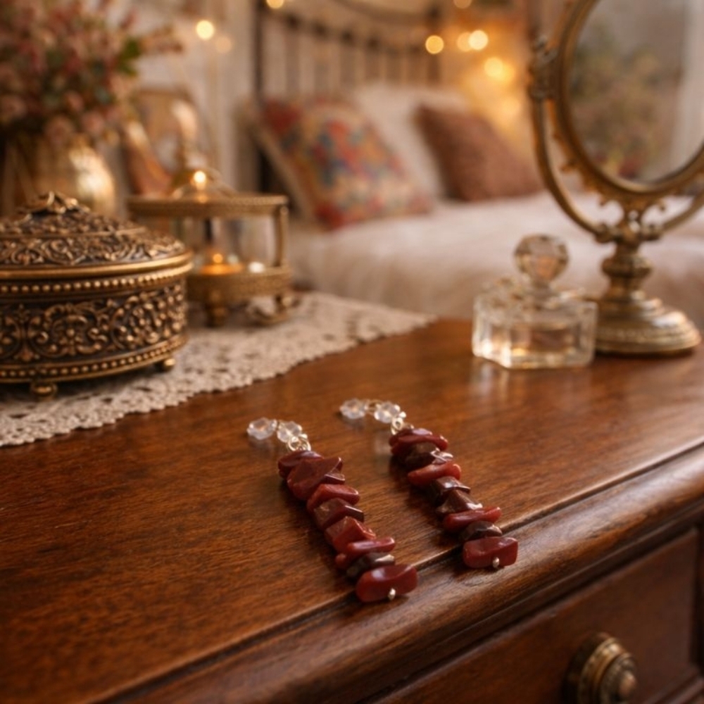 Boho Earrings w/ Red Tigers Eye Chips - New Item (2")